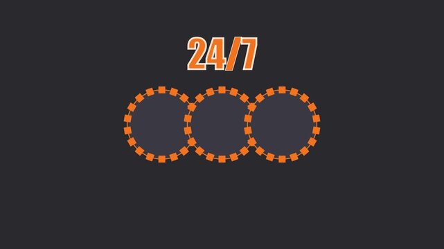 24/7 availability concept animation with orange circular loading and minimalist dark 4k background service