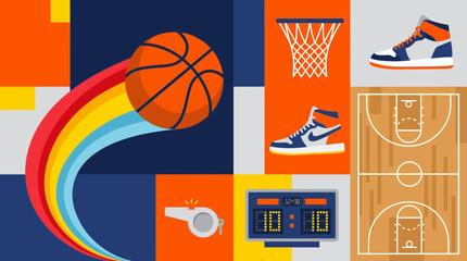 A vibrant sports illustration shows a basketball flying through a hoop with sneakers and a scoreboard on a colorful city court. © Fendi