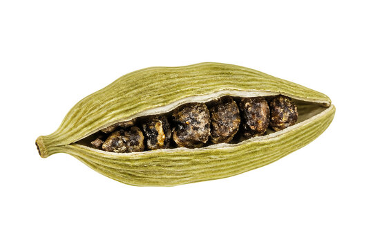 Single green cardamom pod open showing dark seeds inside.
