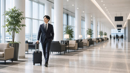 Fototapeta premium Japanese businessman framed by columns in bright airport lounge