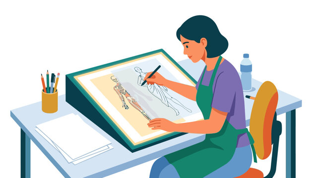 Young female artist drawing human anatomy on a light box at a studio desk flat design vector illustration.