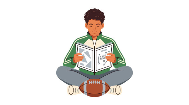 Young male student athlete studying American football playbook strategy sitting cross-legged flat vector illustration.