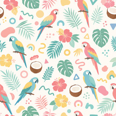 Obraz premium Colorful macaws perch amidst soft pastel hibiscus and monstera in this seamless botanical pattern