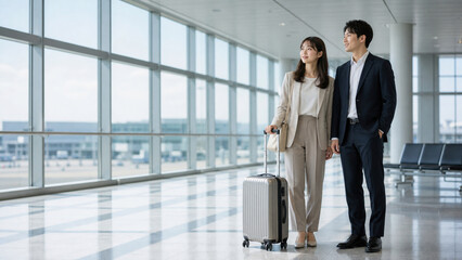 Fototapeta premium Japanese business travelers standing in airport lounge by suitcase