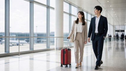 Fototapeta premium Japanese business travelers walking beside lounge windows
