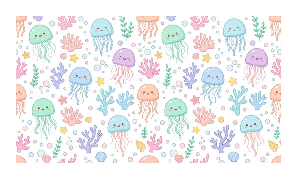 Colorful jellyfish, smiling sea creatures, underwater pattern, ocean animals, pastel background