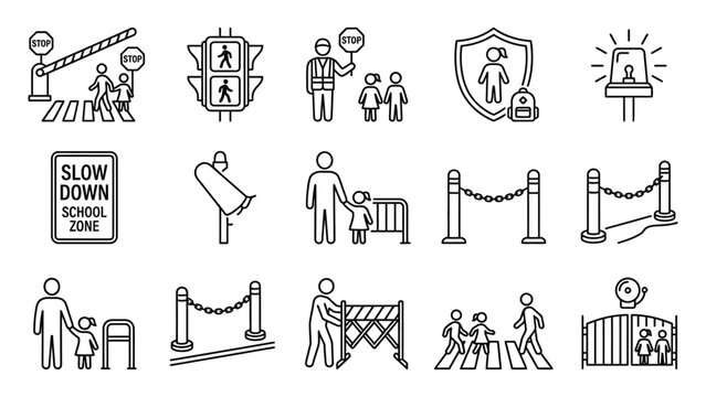 Set of school zone safety and crossing guard line icons.