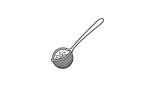Hand drawn illustration of a tea strainer with tea leaves.