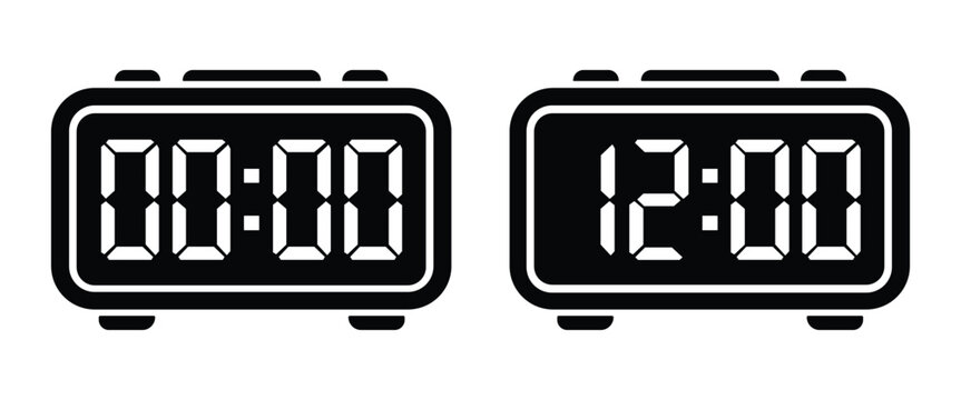 Digital Alarm Clock Vector Icon Set, Electronic LED Time Display Outline and Silhouette Collection Isolated on White Background