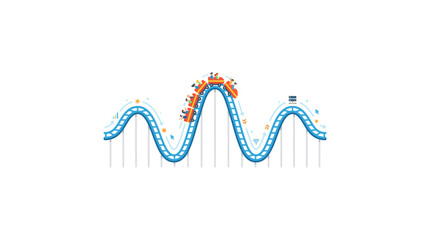 Roller coaster track with a train going over the crest of a hill, isolated on a white background. © nan