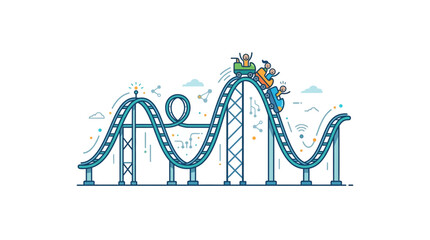 Excited people riding a thrilling roller coaster through twists and turns on a bright day. © nan
