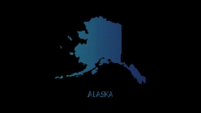 Blue Alaska US State Map Particle Formation on Dark Background, Glowing Dot Grid Assembly Light Sweep Dispersion Motion Graphics Seamless Loop, 4K
