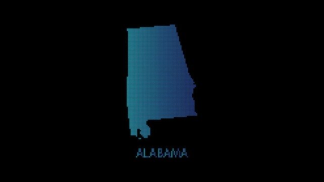 Blue Alabama US State Map Particle Formation on Dark Background, Glowing Dot Grid Assembly Light Sweep Dispersion Motion Graphics Seamless Loop, 4K