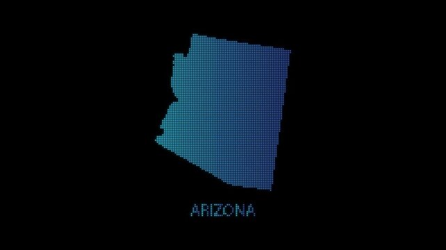 Blue Arizona US State Map Particle Formation on Dark Background, Glowing Dot Grid Assembly Light Sweep Dispersion Motion Graphics Seamless Loop, 4K