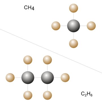 Methane and ethane chemical molecular structure diagrams - design for chemistry textbooks, educational presentations, and science blog articles. JPEG version.