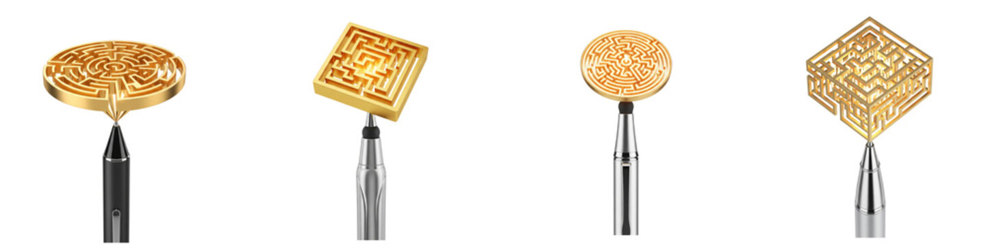 Golden maze structures balanced on pen tips against black background