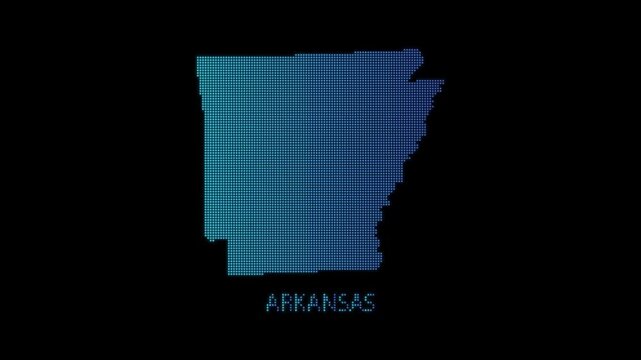 Blue Arkansas US State Map Particle Formation on Dark Background, Glowing Dot Grid Assembly Light Sweep Dispersion Motion Graphics Seamless Loop, 4K
