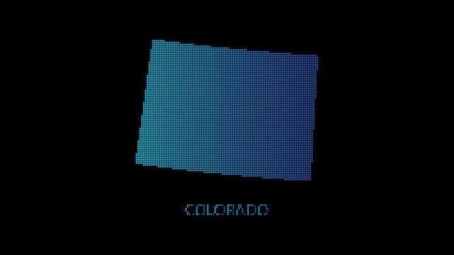 Blue Colorado US State Map Particle Formation on Dark Background, Glowing Dot Grid Assembly Light Sweep Dispersion Motion Graphics Seamless Loop, 4K