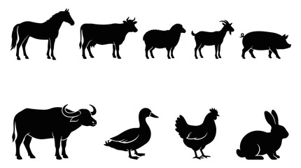 Fototapeta premium Black silhouettes of farm animals standing.