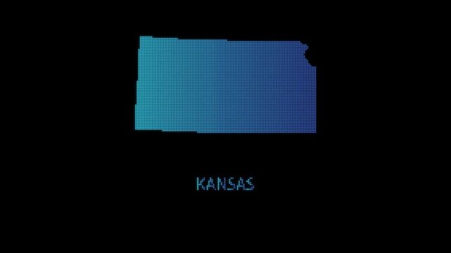 Blue Kansas US State Map Particle Formation on Dark Background, Glowing Dot Grid Assembly Light Sweep Dispersion Motion Graphics Seamless Loop, 4K