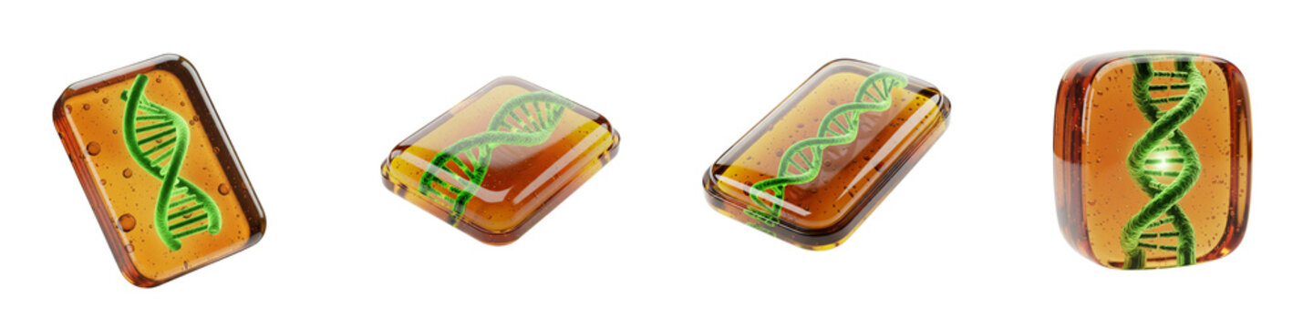 Green DNA helix structures floating inside amber glass liquid capsules