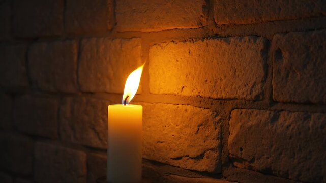 A single lit candle casting a warm glow against a rustic brick wall, creating an atmosphere of quiet reflection