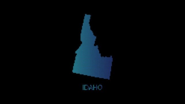 Blue Idaho US State Map Particle Formation on Dark Background, Glowing Dot Grid Assembly Light Sweep Dispersion Motion Graphics Seamless Loop, 4K