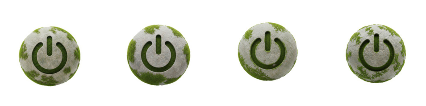 Green energy power button icons on stone spheres against black background