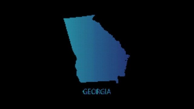 Blue Georgia US State Map Particle Formation on Dark Background, Glowing Dot Grid Assembly Light Sweep Dispersion Motion Graphics Seamless Loop, 4K