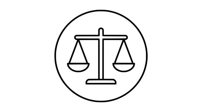 Justice scales icon in circle, symbol of law and balance