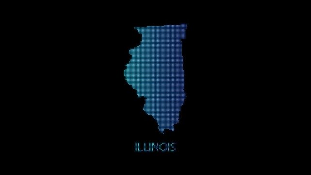 Blue Illinois US State Map Particle Formation on Dark Background, Glowing Dot Grid Assembly Light Sweep Dispersion Motion Graphics Seamless Loop, 4K