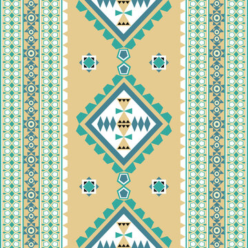Green and yellow geometric ethnic patterned background. Seamless African ornament. Navajo style. Wallpapers, fabric edges, and textiles.