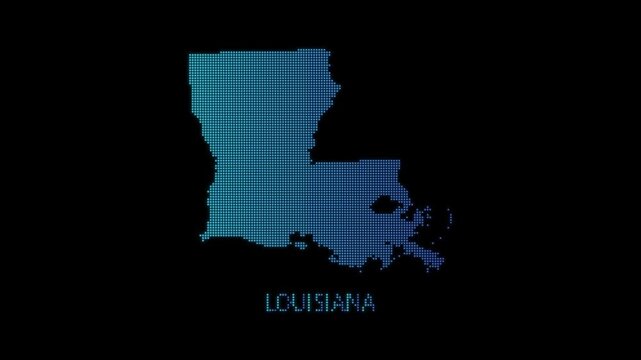 Blue Louisiana US State Map Particle Formation on Dark Background, Glowing Dot Grid Assembly Light Sweep Dispersion Motion Graphics Seamless Loop, 4K