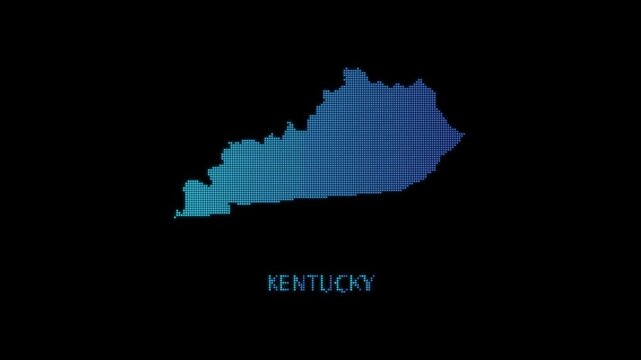 Blue Kentucky US State Map Particle Formation on Dark Background, Glowing Dot Grid Assembly Light Sweep Dispersion Motion Graphics Seamless Loop, 4K