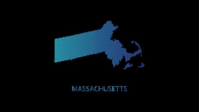 Blue Massachusetts US State Map Particle Formation on Dark Background, Glowing Dot Grid Assembly Light Sweep Dispersion Motion Graphics Seamless Loop, 4K