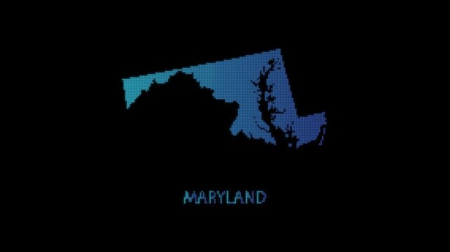 Blue Maryland US State Map Particle Formation on Dark Background, Glowing Dot Grid Assembly Light Sweep Dispersion Motion Graphics Seamless Loop, 4K