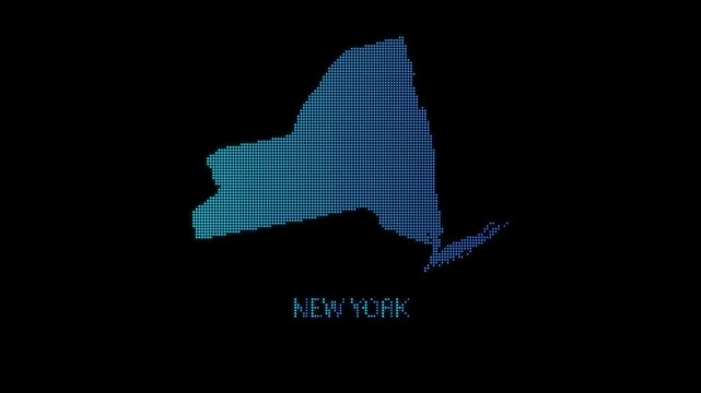 Blue New York US State Map Particle Formation on Dark Background, Glowing Dot Grid Assembly Light Sweep Dispersion Motion Graphics Seamless Loop, 4K