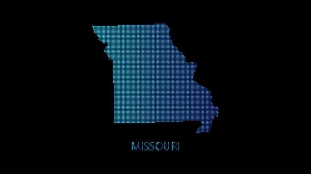 Blue Missouri US State Map Particle Formation on Dark Background, Glowing Dot Grid Assembly Light Sweep Dispersion Motion Graphics Seamless Loop, 4K