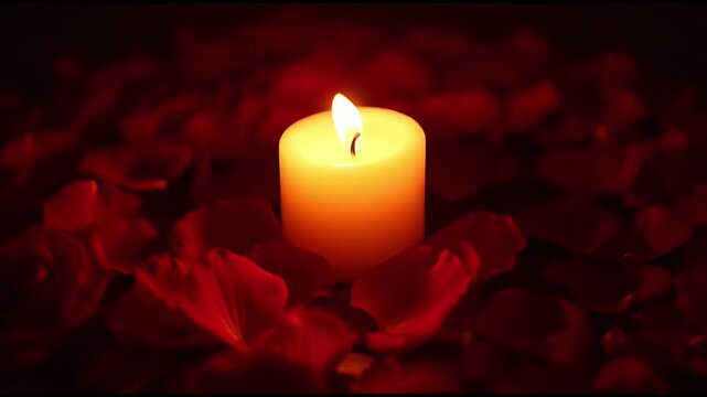 A single lit candle surrounded by dark red rose petals, creating a romantic and serene atmosphere