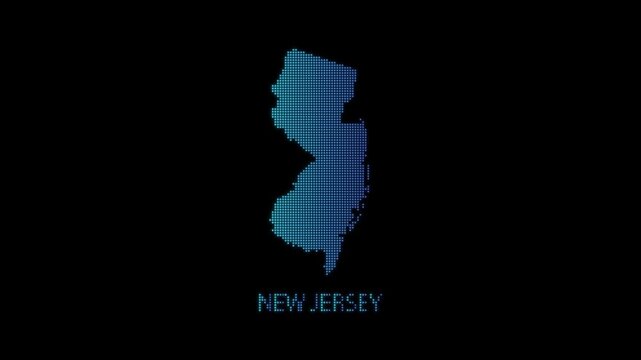 Blue New Jersey US State Map Particle Formation on Dark Background, Glowing Dot Grid Assembly Light Sweep Dispersion Motion Graphics Seamless Loop, 4K