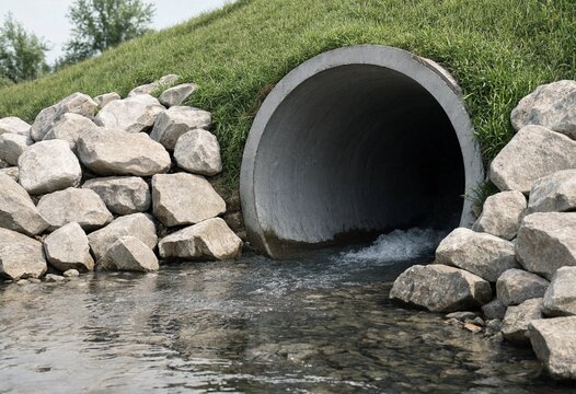 Concrete culvert drainage system carrying flowing stormwater through riprap rocks, showcasing civil engineering infrastructure, erosion control, flood management, environmental protection, and water.