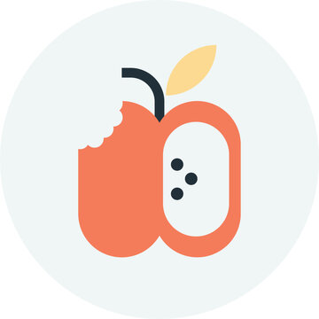 Minimal flat vector icon of a bitten red apple fruit with a green leaf