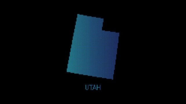 Blue Utah US State Map Particle Formation on Dark Background, Glowing Dot Grid Assembly Light Sweep Dispersion Motion Graphics Seamless Loop, 4K