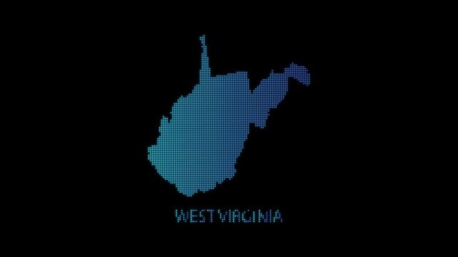 Blue West Virginia US State Map Particle Formation on Dark Background, Glowing Dot Grid Assembly Light Sweep Dispersion Motion Graphics Seamless Loop, 4K