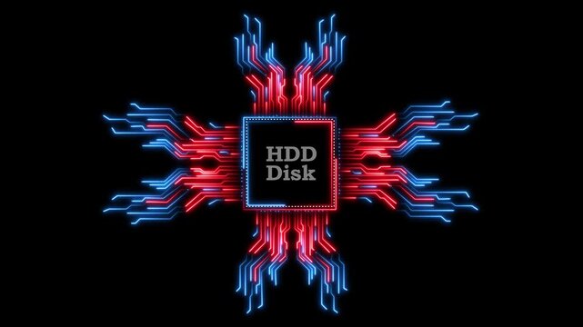Digital hdd disk concept animation with glowing circuit board lines and processor.