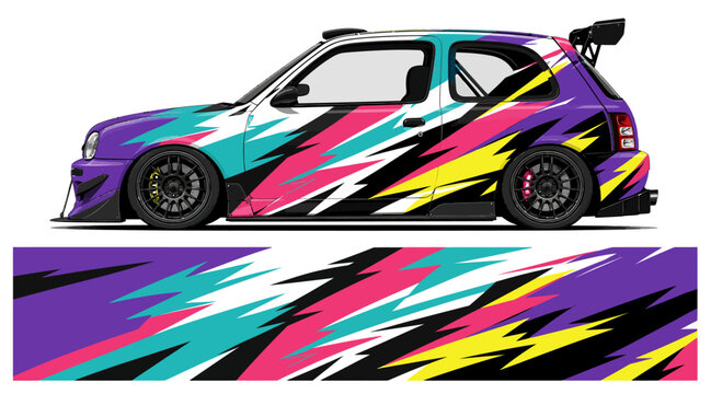 Colorful racing car with vibrant abstract paint design.