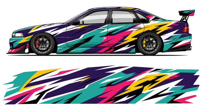 Colorful abstract car wrap design on sedan vehicle.