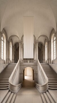 Blank vertical banner hanging in grand marble staircase hall