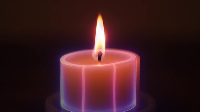 A single candle burns brightly, its flame casting a warm glow in the darkness. The candle is cylindrical and has a textured surface that catches the light. The background is dark and blurred.