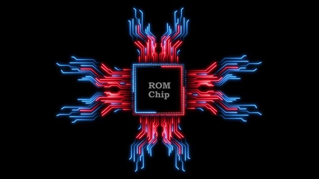 Rom chip animation with glowing blue and red lines on black background motion graphic.